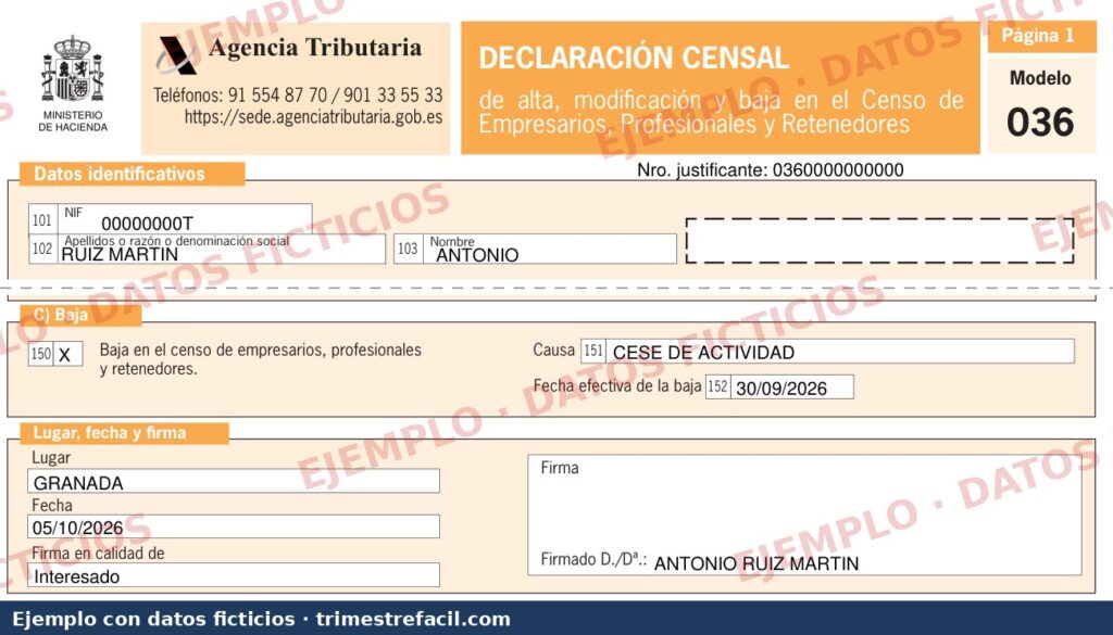 Modelo 036 para darse de baja como autónomo: casillas 150, 151 y 152